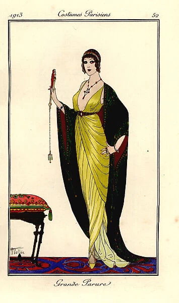 Woman in elegant finery of low-cut, gold sheath