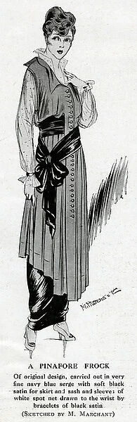 Woman in elegant pinafore frock with sash