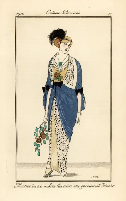 Framed Print : Woman in evening gown of ash blue satin with Irish lace Framed Print : Woman in evening gown of ash blue satin with Irish lace