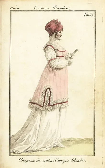 Framed Print : Woman with fan in satin hat, short tunic, Paris, 1802 Framed Print : Woman with fan in satin hat, short tunic, Paris, 1802
