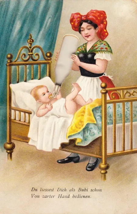 Framed Print : Woman feeding baby on a comic German greetings card Framed Print : Woman feeding baby on a comic German greetings card