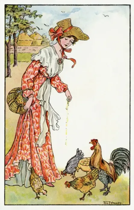 Framed Print : Woman feeding hens Framed Print : Woman feeding hens