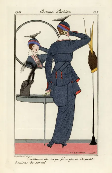 Framed Print : Woman in fine serge suit with coral buttons looking Framed Print : Woman in fine serge suit with coral buttons looking