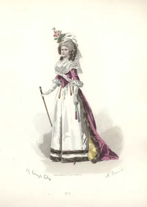 Framed Print : Woman in floral bonnet, a pink fur-trimmed Framed Print : Woman in floral bonnet, a pink fur-trimmed