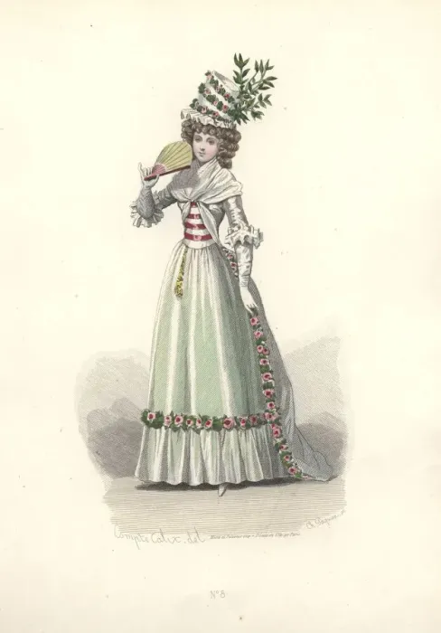 Framed Print : Woman in flower-trimmed outfit, era of Marie Antoinette Framed Print : Woman in flower-trimmed outfit, era of Marie Antoinette