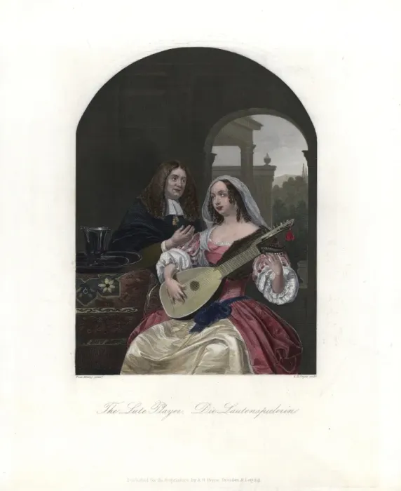 Framed Print : A woman in French costume tunes a 12-string lute Framed Print : A woman in French costume tunes a 12-string lute