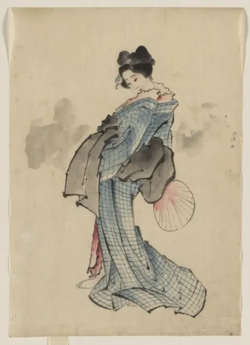 Framed Print : Woman, full-length portrait, standing, facing left, holding