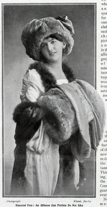 Framed Print : Woman in furs, model wearing fur hat, muff, and stole. Captioned, Distorted furs, an alliance that Furriers do not like'. From an article, Frocks, Furs and Furbelows, by Mrs Jack May. Date: 1910 Framed Print : Woman in furs, model wearing fur hat, muff, and stole. Captioned, Distorted furs, an alliance that Furriers do not like'. From an article, Frocks, Furs and Furbelows, by Mrs Jack May. Date: 1910