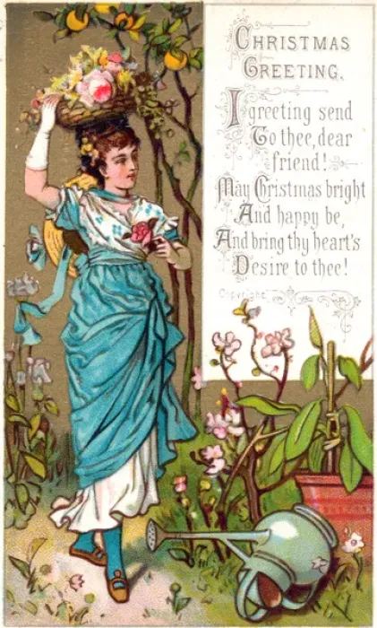 Framed Print : Woman in a garden on a Christmas card Framed Print : Woman in a garden on a Christmas card