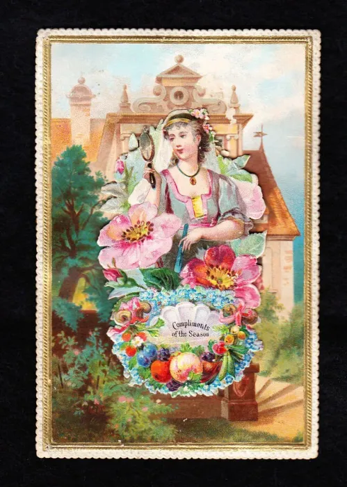 Framed Print : Woman in a garden with fruit and flowers on a Christmas card Framed Print : Woman in a garden with fruit and flowers on a Christmas card