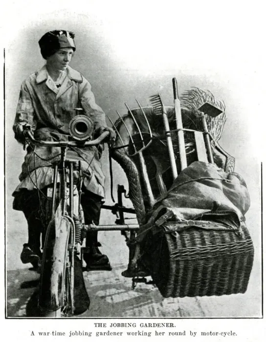 Framed Print : Woman gardener on her motor-cycle 1916 Framed Print : Woman gardener on her motor-cycle 1916