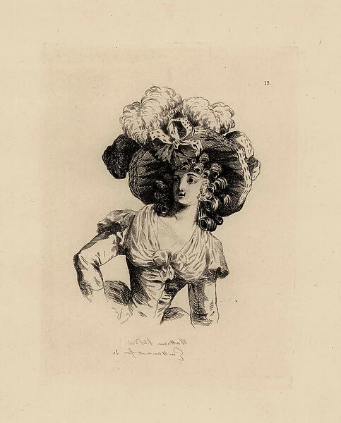 Woman in giant bonnet with feathers, era of Marie Antoinette