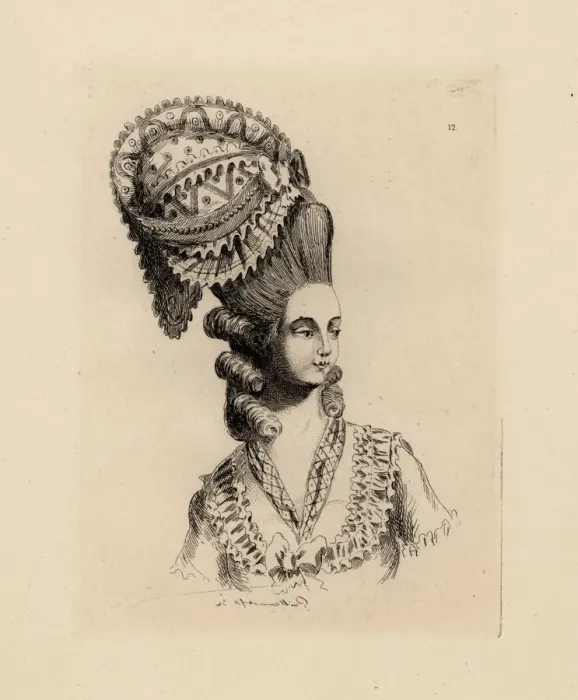 Framed Print : Woman in giant pouf hairstyle with ringlets, era of Framed Print : Woman in giant pouf hairstyle with ringlets, era of