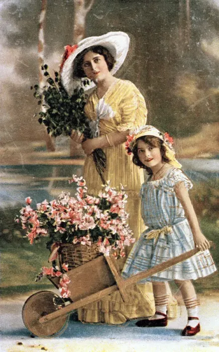 Framed Print : Woman and girl with flowers in a wheelbarrow Framed Print : Woman and girl with flowers in a wheelbarrow