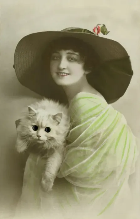 Framed Print : Woman with google-eyed cat Framed Print : Woman with google-eyed cat