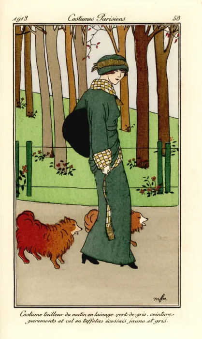 Framed Print : Woman in green wool suit with pet dogs, 1913 Framed Print : Woman in green wool suit with pet dogs, 1913