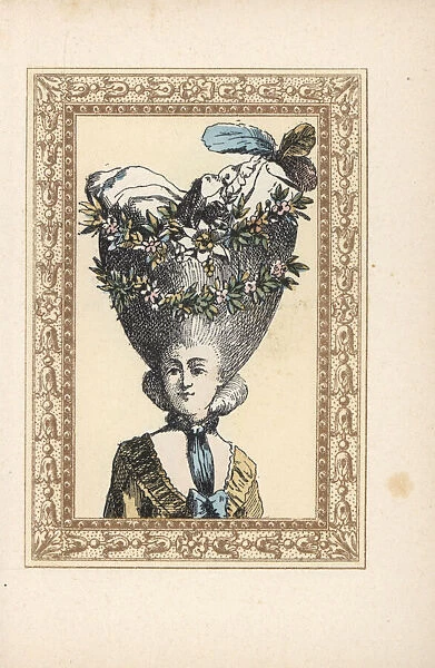 Woman in hairstyle and bonnet decorated with