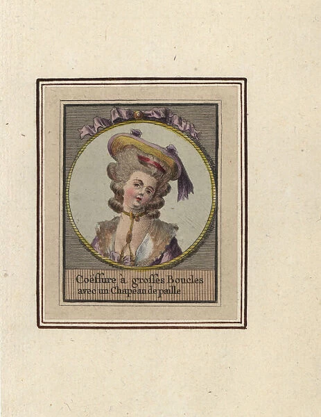 Woman in hairstyle with large curls under a straw hat, 1783