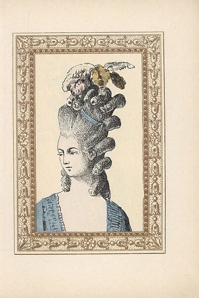 Woman in hairstyle with ringlets and plumes