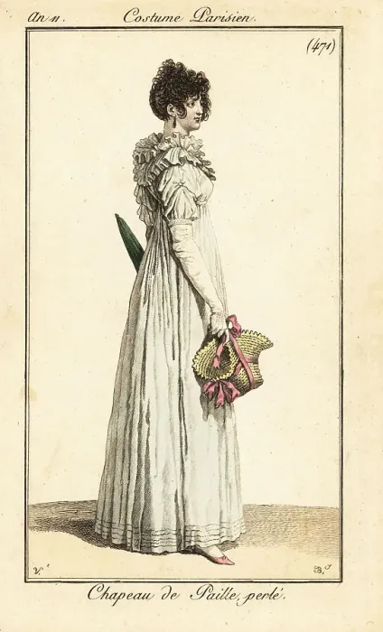 Framed Print : Woman holding a beaded straw hat, Paris, 1803 Framed Print : Woman holding a beaded straw hat, Paris, 1803