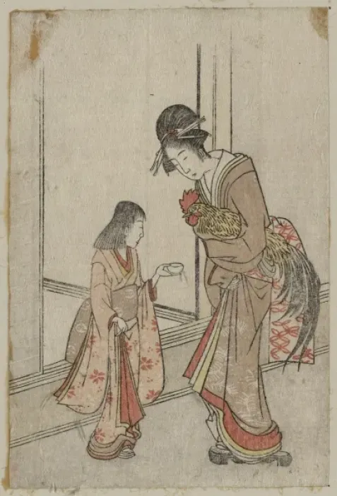 Framed Print : Woman holding a rooster accompanied by a young attendant Framed Print : Woman holding a rooster accompanied by a young attendant