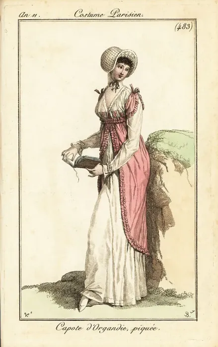 Framed Print : Woman in a hooded bonnet in ribbed organdy. July 1803 Framed Print : Woman in a hooded bonnet in ribbed organdy. July 1803