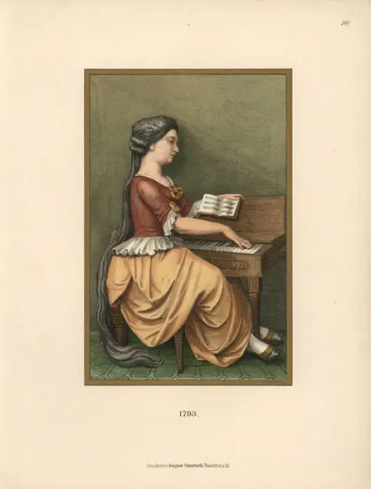 Framed Print : Woman in house clothes playing the piano, 1793 Framed Print : Woman in house clothes playing the piano, 1793