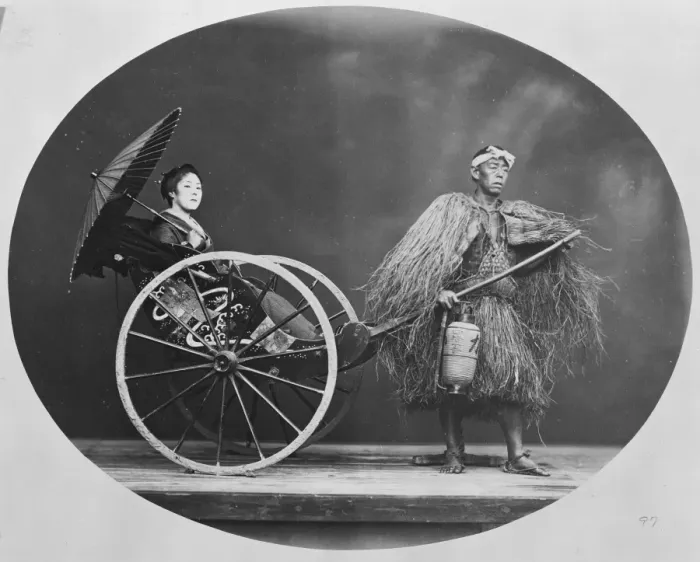 Framed Print : Woman in a jinrikisha (Japanese rickshaw), Japan Framed Print : Woman in a jinrikisha (Japanese rickshaw), Japan