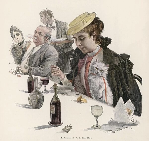 Woman and Kitten at Meal