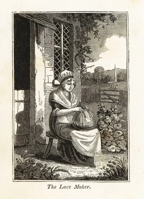 Framed Print : Woman lace-maker in bonnet and apron outside a cottage Framed Print : Woman lace-maker in bonnet and apron outside a cottage