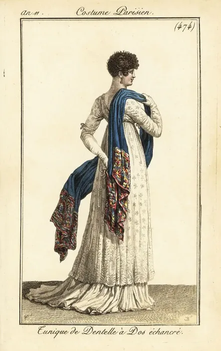 Framed Print : Woman in lace tunic dress with a low-cut back, Paris, 1803 Framed Print : Woman in lace tunic dress with a low-cut back, Paris, 1803
