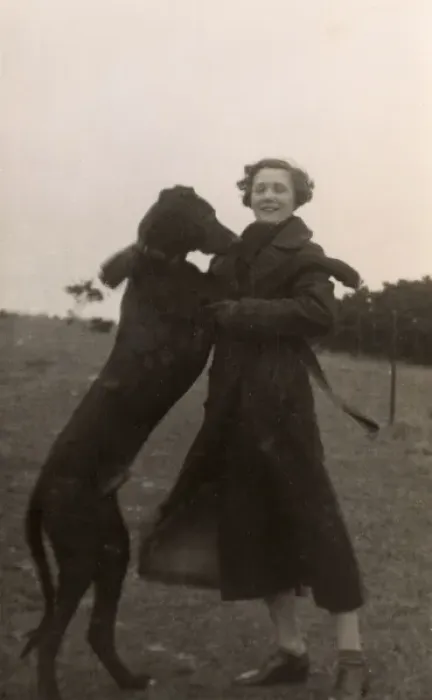 Framed Print : Woman with large dog in a field Framed Print : Woman with large dog in a field