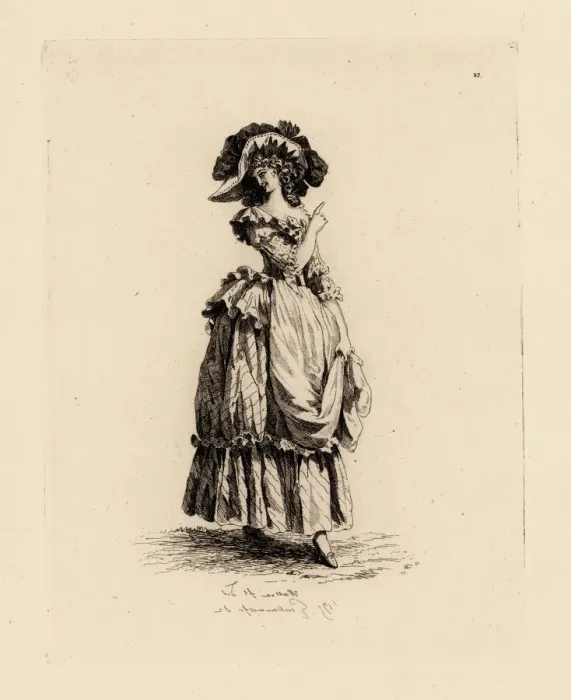 Framed Print : Woman in large hat with dress and apron, era of Marie Framed Print : Woman in large hat with dress and apron, era of Marie
