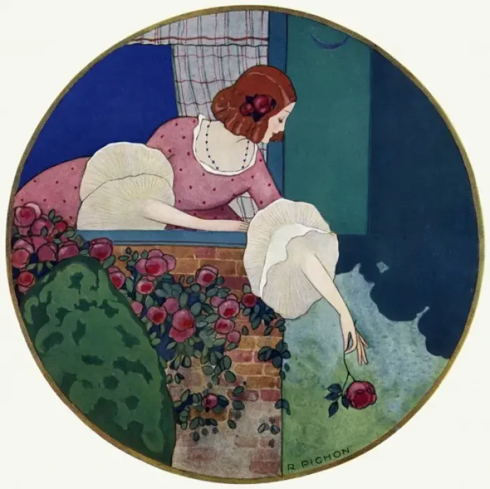 Framed Print : Woman leaning out of window with rose Framed Print : Woman leaning out of window with rose