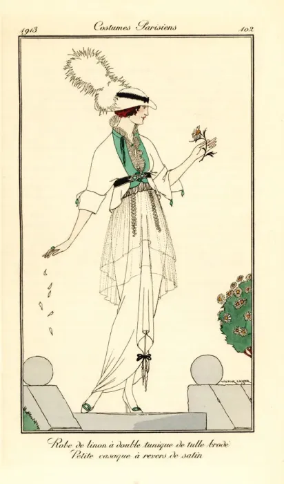 Framed Print : Woman in linen dress with double tunic in embroidered Framed Print : Woman in linen dress with double tunic in embroidered