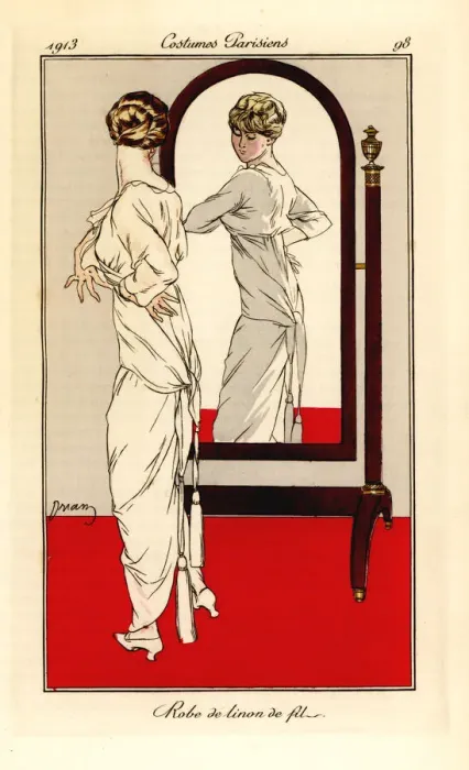 Framed Print : Woman in linen dress looking at herself in the mirror Framed Print : Woman in linen dress looking at herself in the mirror