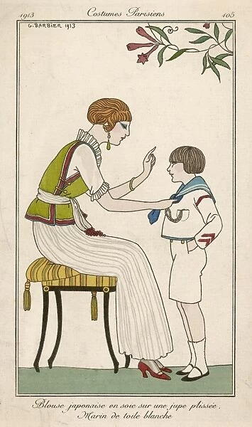 Woman and little boy in a fashion illustration