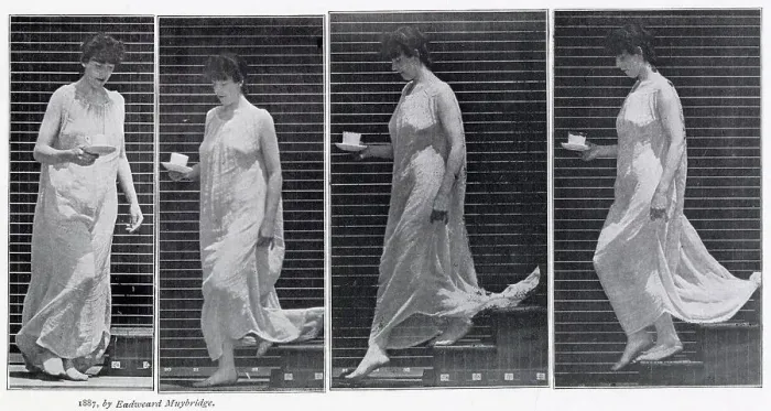 Framed Print : Woman in a long dress carrying a cup and saucer Date: 1887 Framed Print : Woman in a long dress carrying a cup and saucer Date: 1887