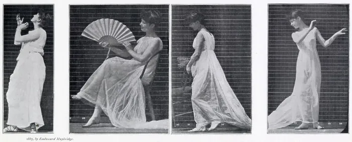Framed Print : Woman in a long dress with a fan, or making other movements. Date: 1887 Framed Print : Woman in a long dress with a fan, or making other movements. Date: 1887