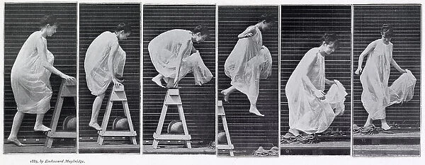 Woman in a long dress surmounting an obstacle. Date: 1880s