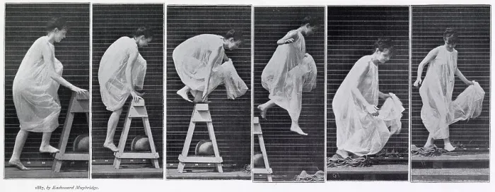 Framed Print : Woman in a long dress surmounting an obstacle. Date: 1880s Framed Print : Woman in a long dress surmounting an obstacle. Date: 1880s
