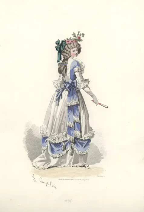 Framed Print : Woman in long white silk dress with blue ribbon decorations Framed Print : Woman in long white silk dress with blue ribbon decorations
