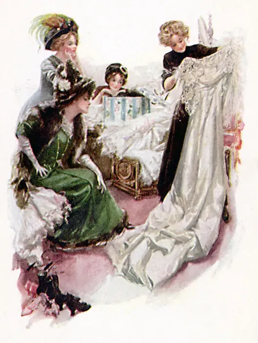 Framed Print : Woman looks at wedding dress with girl friends Date: 1908 Framed Print : Woman looks at wedding dress with girl friends Date: 1908