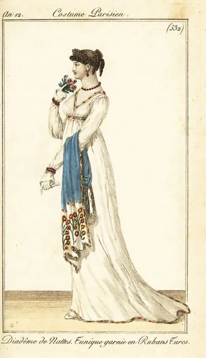 Framed Print : Woman in low-cut gown with Turkish ribbons, Paris, 1804 Framed Print : Woman in low-cut gown with Turkish ribbons, Paris, 1804