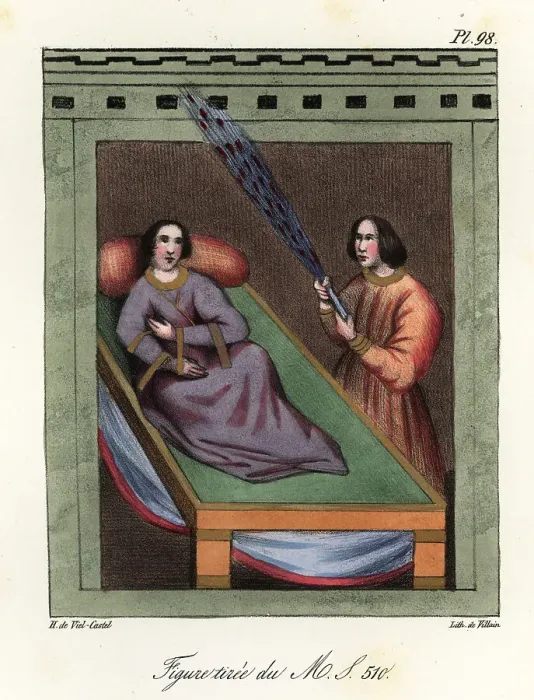 Framed Print : Woman lying on a bed while a man fans her with Framed Print : Woman lying on a bed while a man fans her with