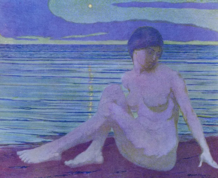 Framed Print : A woman meditates by the edge of the sea, at sunset Date: 1913 Framed Print : A woman meditates by the edge of the sea, at sunset Date: 1913