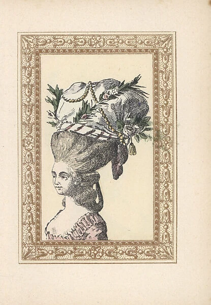 Woman in Moorish bonnet with pearls and flowers
