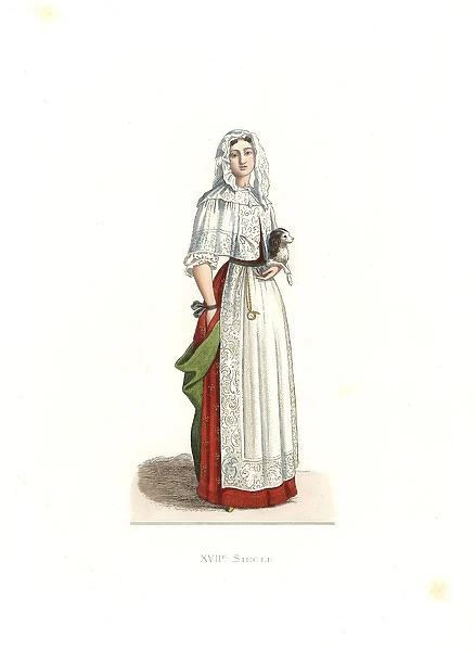 Woman in morning dress holding a lapdog, France