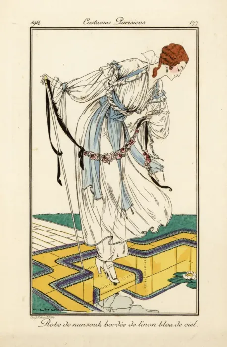 Framed Print : Woman in nainsook dress bordered with sky-blue linen Framed Print : Woman in nainsook dress bordered with sky-blue linen