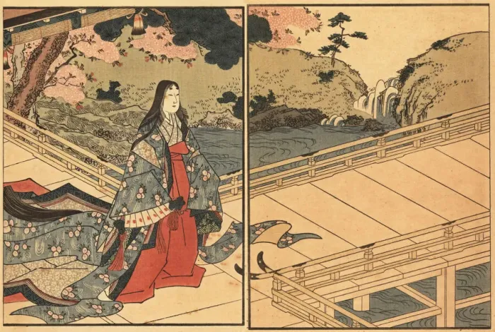 Framed Print : Woman of the nobility or courtier in silk kimono walking Framed Print : Woman of the nobility or courtier in silk kimono walking